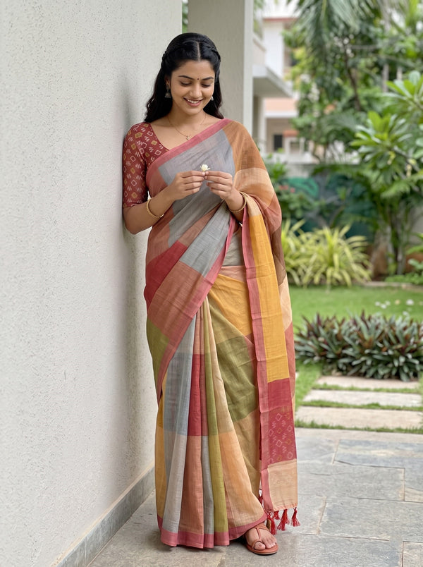Cotton Orange Red Peach Multicolor Color Block Ikat Diamond Pallu Tassels Saree