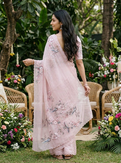 Organza Pink Beaded Bird and Blossom Embroidered Designer Saree