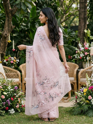 Organza Pink Beaded Bird and Blossom Embroidered Designer Saree