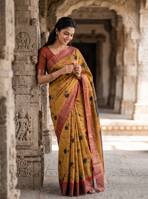 Tussar Silk Mustard and Maroon Saree with Abstract Block Print Pallu