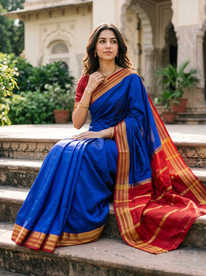 Pure Mysore Silk Royal Blue Plain Saree with Contrast Red Zari Striped Pallu