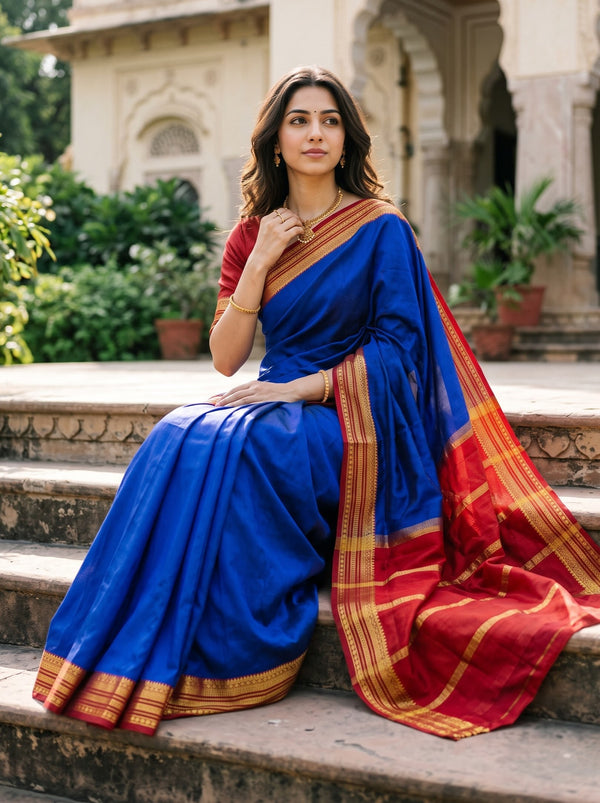 Pure Mysore Silk Royal Blue Plain Saree with Contrast Red Zari Striped Pallu