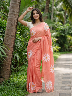 Cotton Peach Saree with White Daisy Flower Print