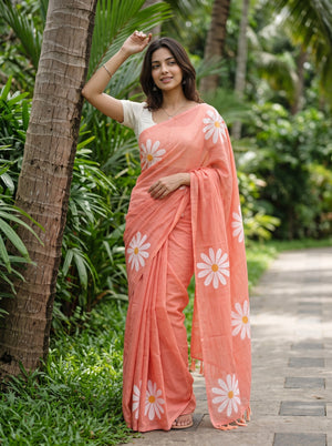 Cotton Peach Saree with White Daisy Flower Print