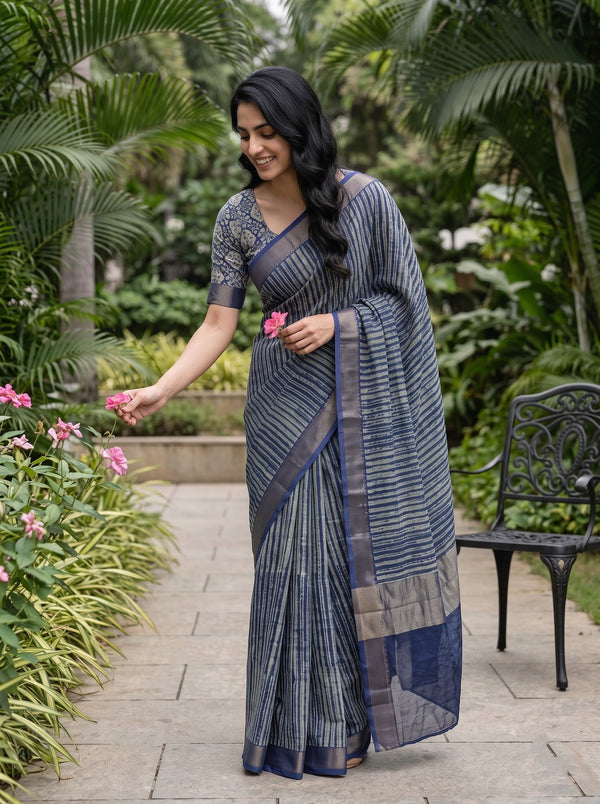 Pure Chanderi Navy Grey Brush Stripe Print Antique Copper Zari Border Saree