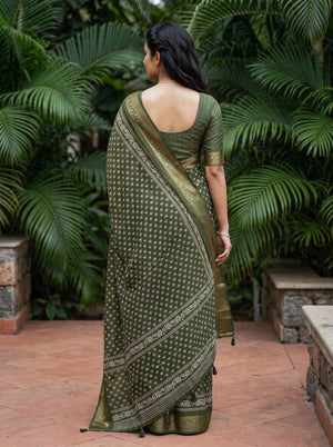 Chanderi Silk Olive Green Floral Booti Print Saree with Golden Zari Border