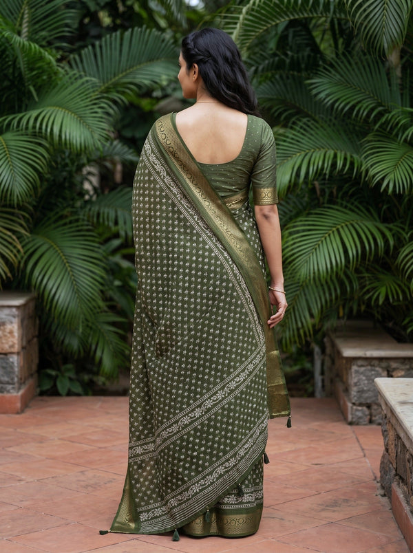 Chanderi Silk Olive Green Floral Booti Print Saree with Golden Zari Border