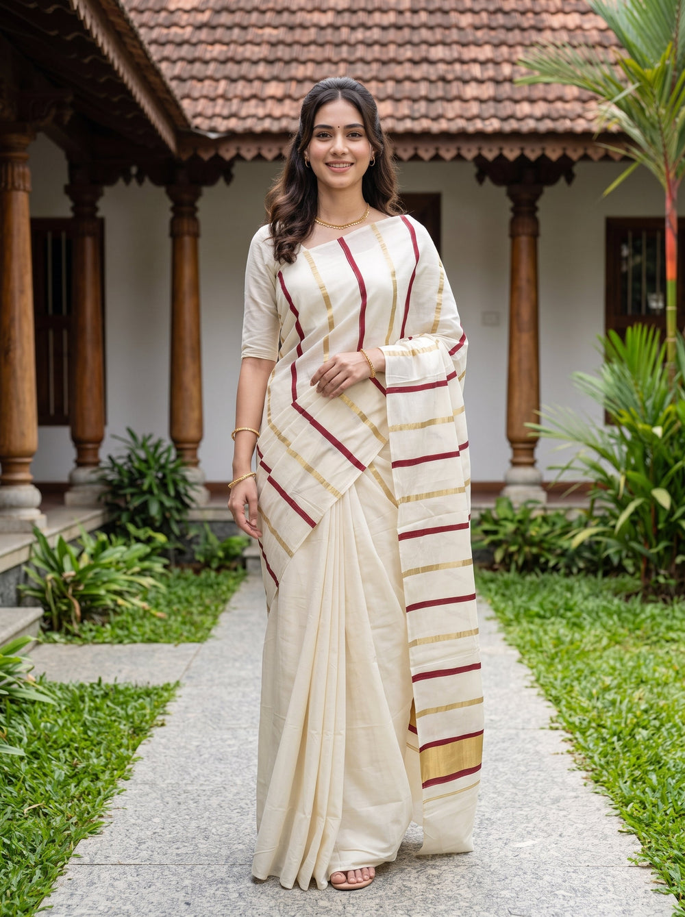 Cotton Cream Maroon Gold Pinstripe Kasavu ONam Special Kerala Saree