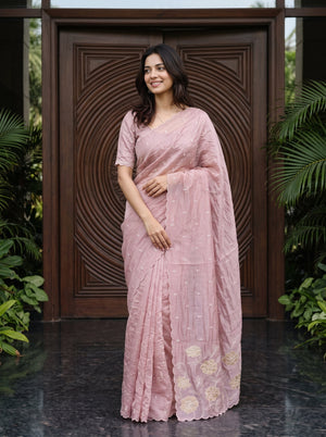 Organza Mauve Pink Golden Floral Applique Border Saree