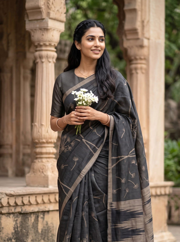 Matka Silk Black Saree with Woven Dandelion Print and Tassels