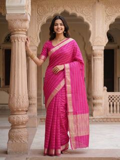 Semi Silk Hot Pink Pinstripe Saree with Golden Zari Woven Pallu