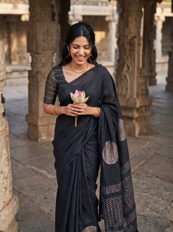 Matka Silk Black Zari Circular Medallion Saree with Tassels