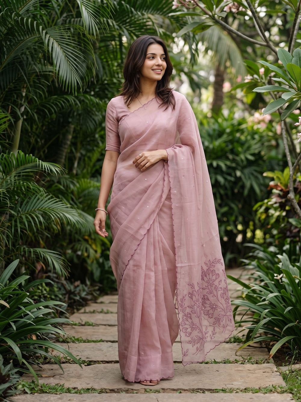 Linen Cotton Dusty Rose Saree with Floral Embroidery and Sequin Work