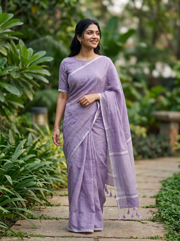 Pure Linen Lavender Saree with Silver Pinstripe Pallu