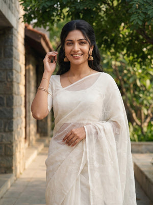 Kota Doria White Self-Tone Leaf Embroidery Lace Border Saree