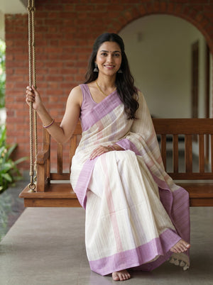 Synthetic Off-White Striped Saree with Lilac Multicolor Border and Blouse Piece