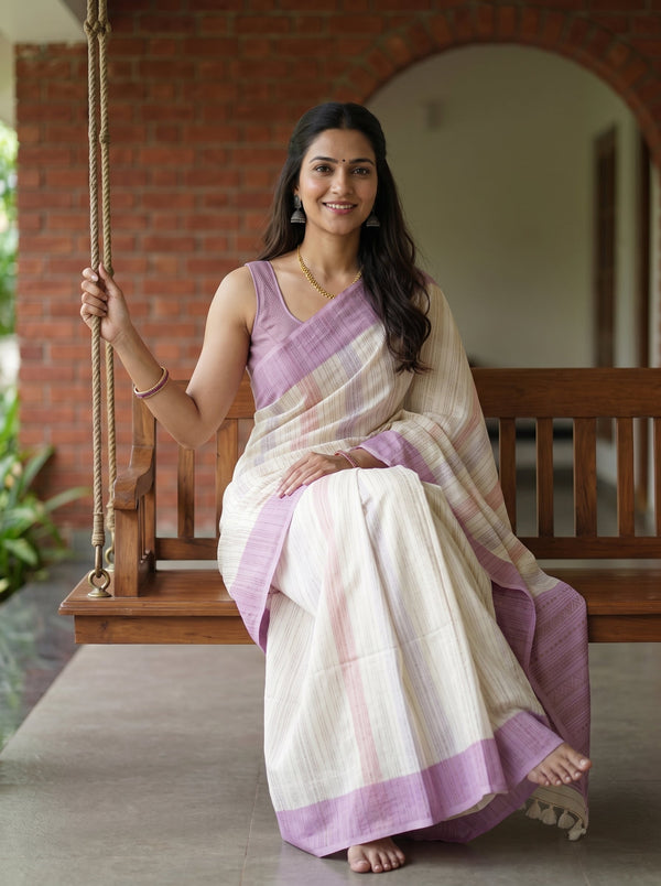 Synthetic Off-White Striped Saree with Lilac Multicolor Border and Blouse Piece