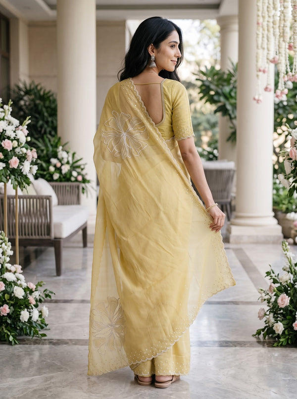 Chiffon Pastel Yellow Floral Sequin Embroidered Saree