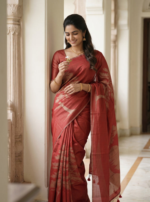 Matka Silk Red Saree with Woven Sunset Mountain Tree Motif