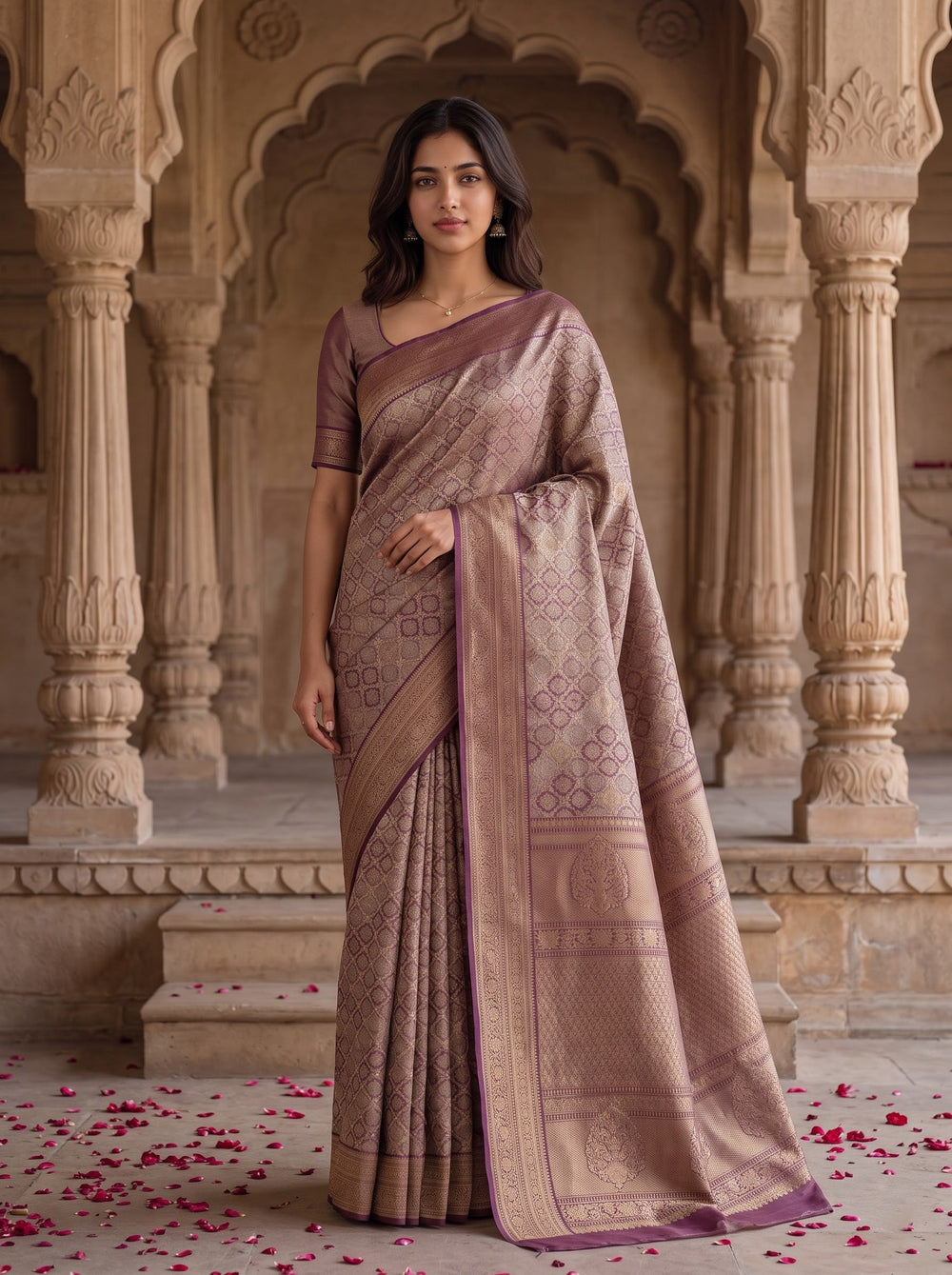 Banarasi Brocade Silk Saree in Purple with Golden Diamond Lattice Design