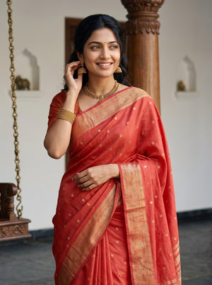 Chanderi Red Zari Coin Motif Saree