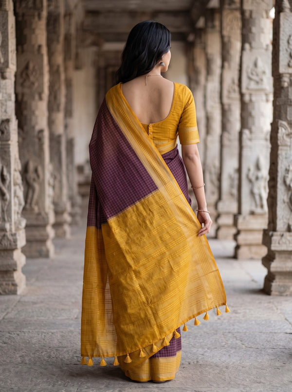 Semi Silk Purple Checkered Saree with Mustard Yellow Pallu