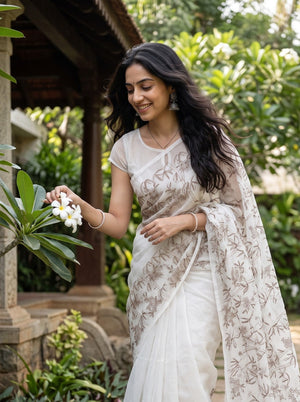Net Kota Off-White Saree with Taupe Floral Vine Design