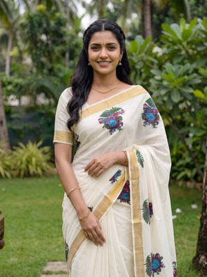 Cotton Off-White Multicolor Mural Krishna Print Onam Special Kerala Saree