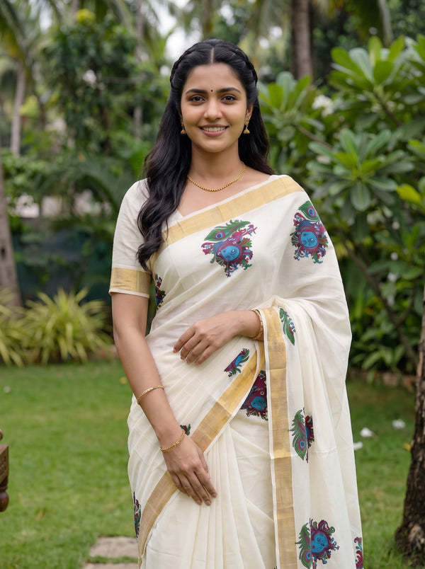 Cotton Off-White Multicolor Mural Krishna Print Onam Special Kerala Saree