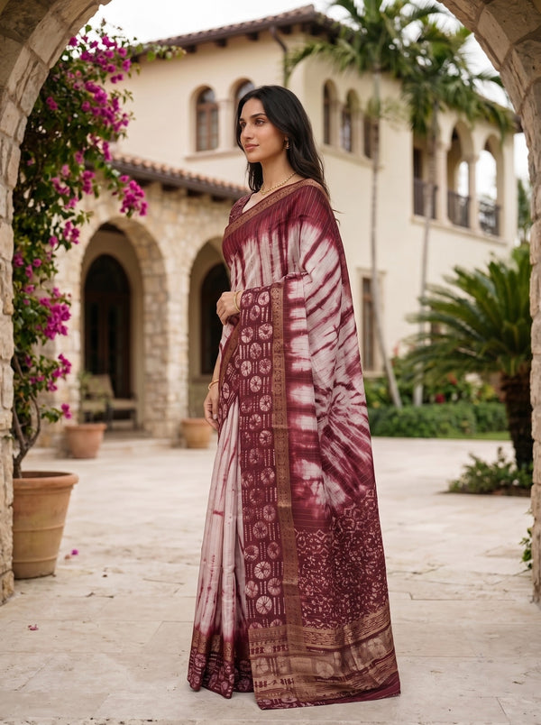 Chanderi Cotton Silk Maroon White Shibori Batik Border Saree with Zari Trim