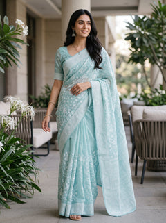 Organza Blue Seafoam Self-Tone Floral Lace Saree with Geometric Pallu Border