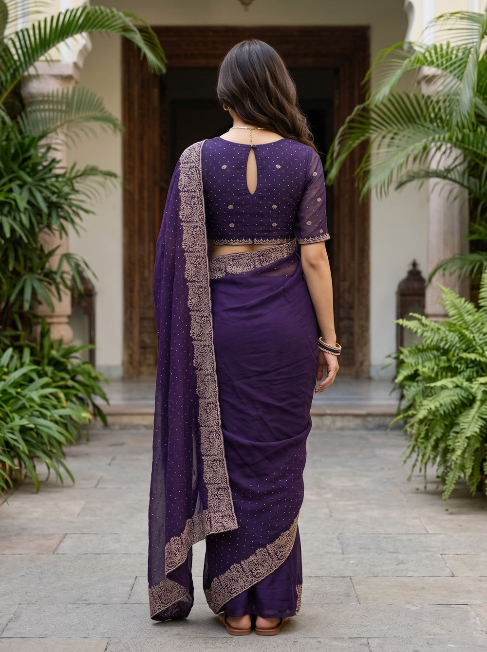 Chiffon Purple Stone Studded Floral Border Saree