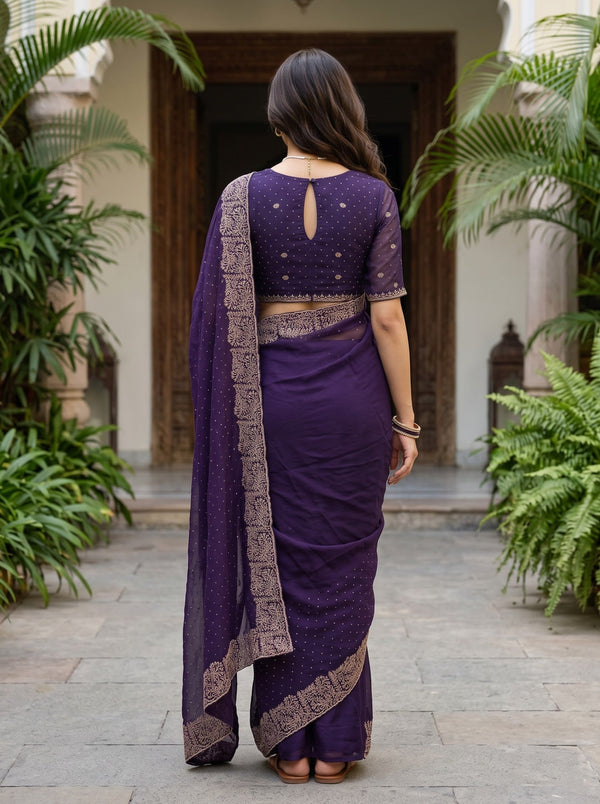 Chiffon Purple Stone Studded Floral Border Saree