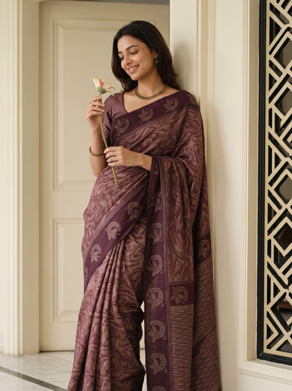 Matka Silk Wine Brown Paisley Swirl Floral Bouquet Border