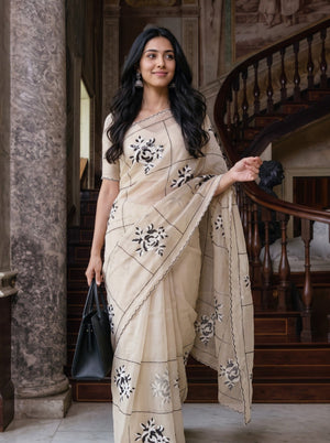 Organza Chiku Saree with Black Checkered Rose Sequin Print