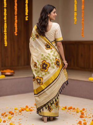 A woman wearing a cream-colored saree with yellow and brown floral patterns and black tassels, standing in a decorated indoor setting with marigold garlands.