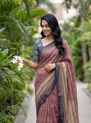 Pure Chanderi  Maroon Geometric Print Navy Border Saree