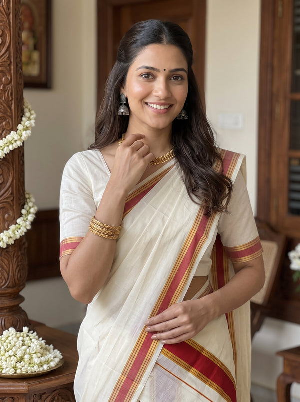 A woman wearing a cream-colored traditional saree with red and gold borders, standing in an indoor setting with wooden furniture and floral garlands.