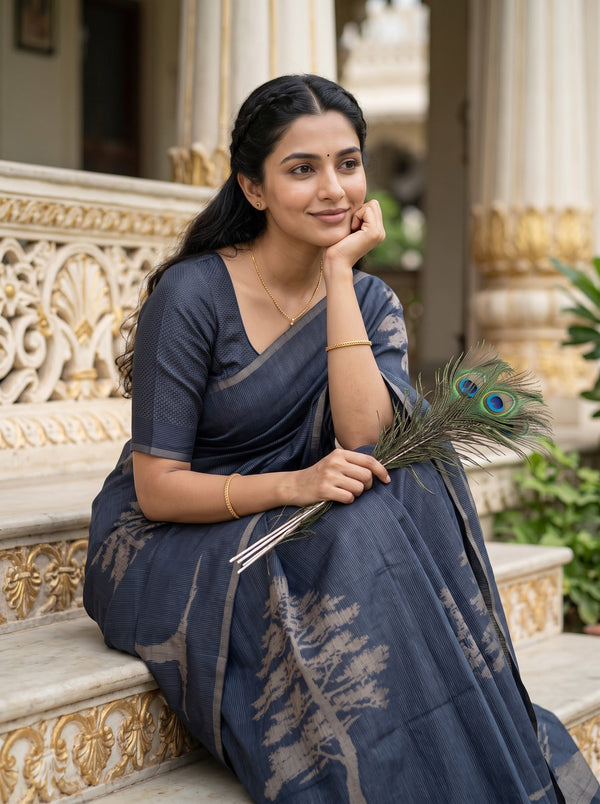 Matka Silk Navy Blue Saree with Woven Sunset Mountain Tree Motif