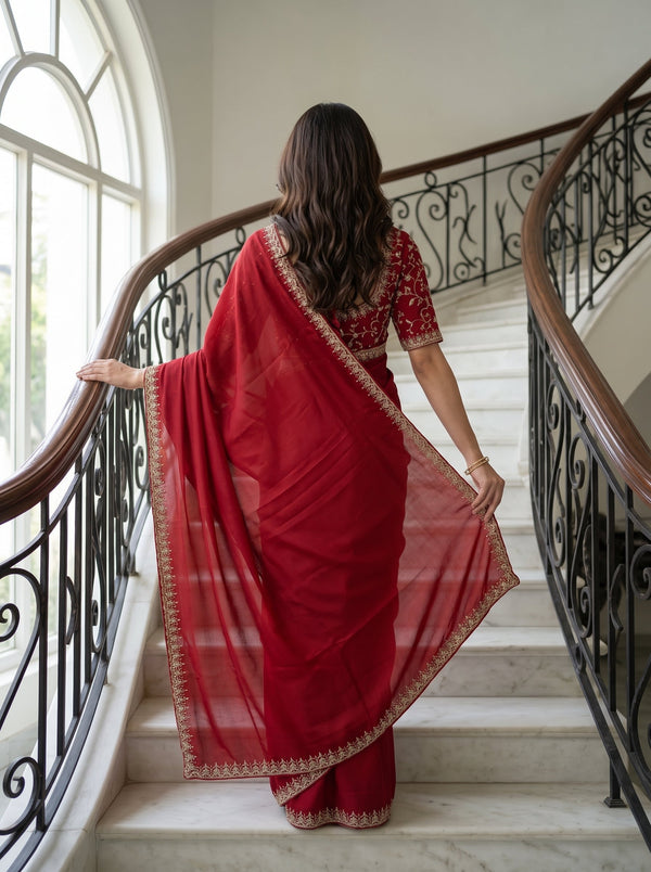 Chiffon Red Designer Saree with Scalloped Beaded Embroidery Border