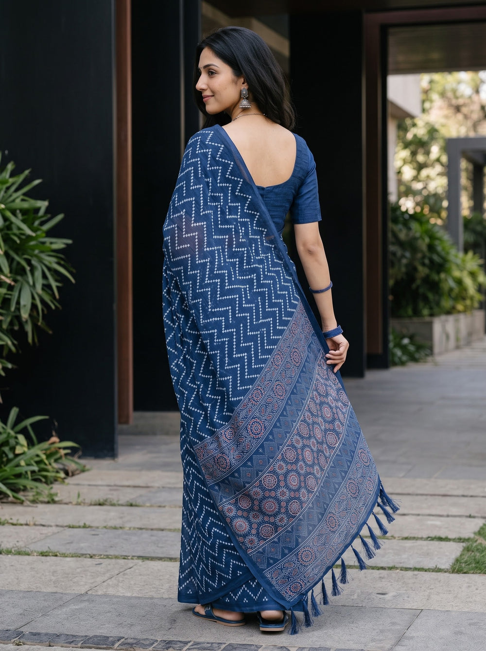 Cotton Navy Blue Saree with Ajrakh Mandala Print Pallu