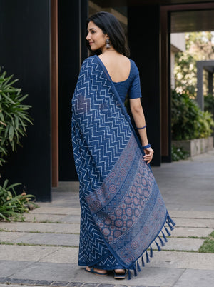 Cotton Navy Blue Saree with Ajrakh Mandala Print Pallu