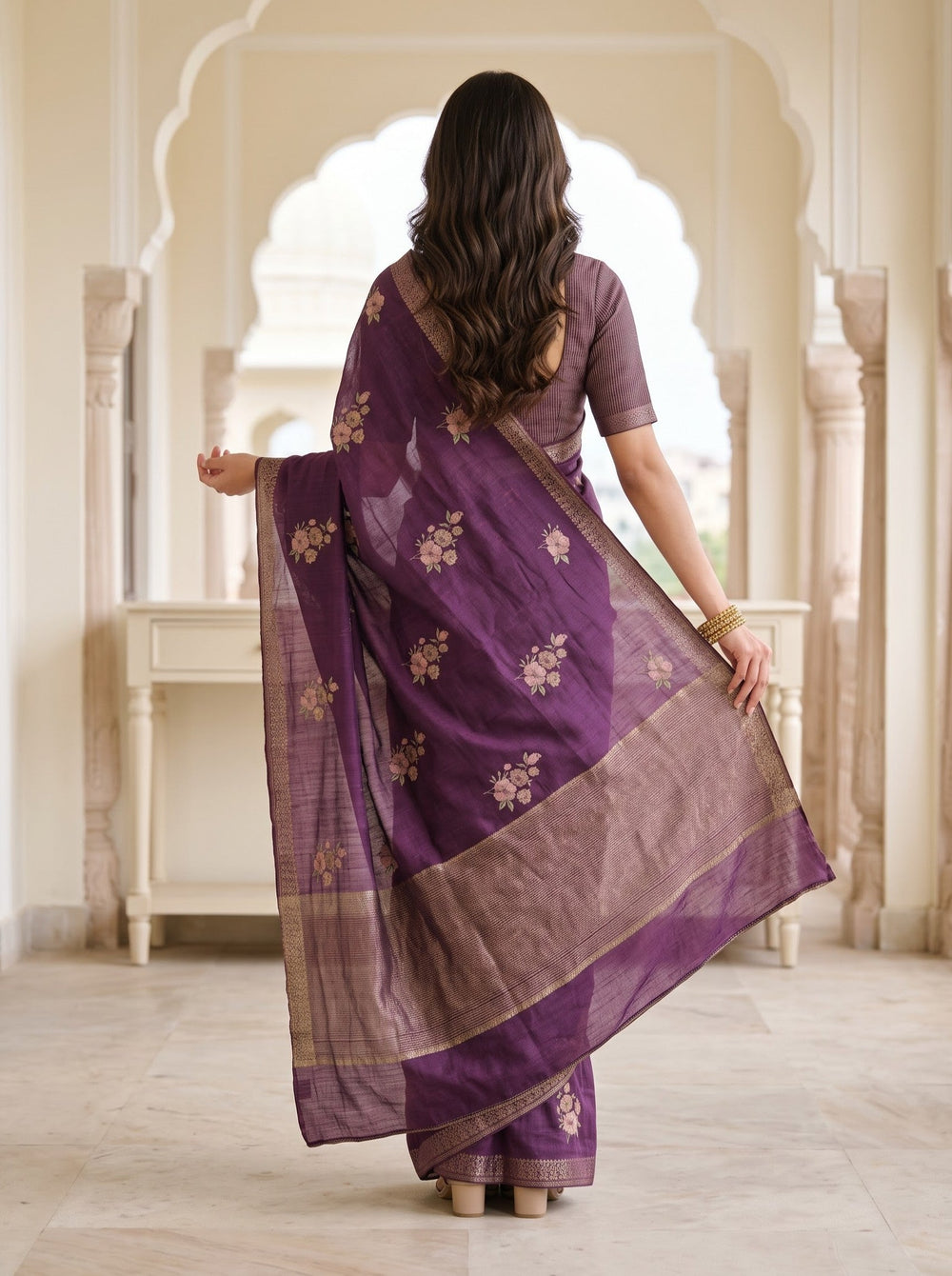 Semi Tussar Purple Floral Butta Zari Saree