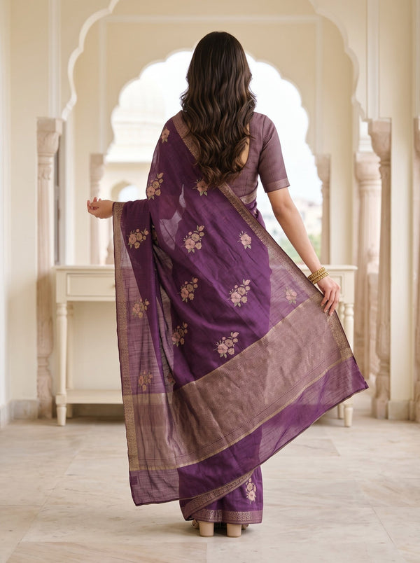 Semi Tussar Purple Floral Butta Zari Saree