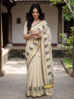 Tissue Cream Kerala Saree with Paisley Motif Print Pallu and Golden Zari Checks