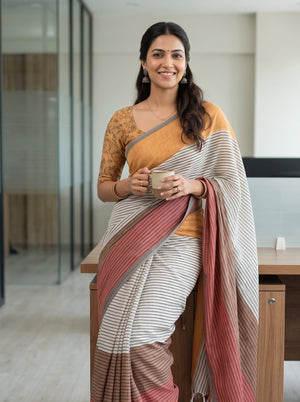 Cotton Rust-Grey Striped Saree with Solid Mustard Pallu