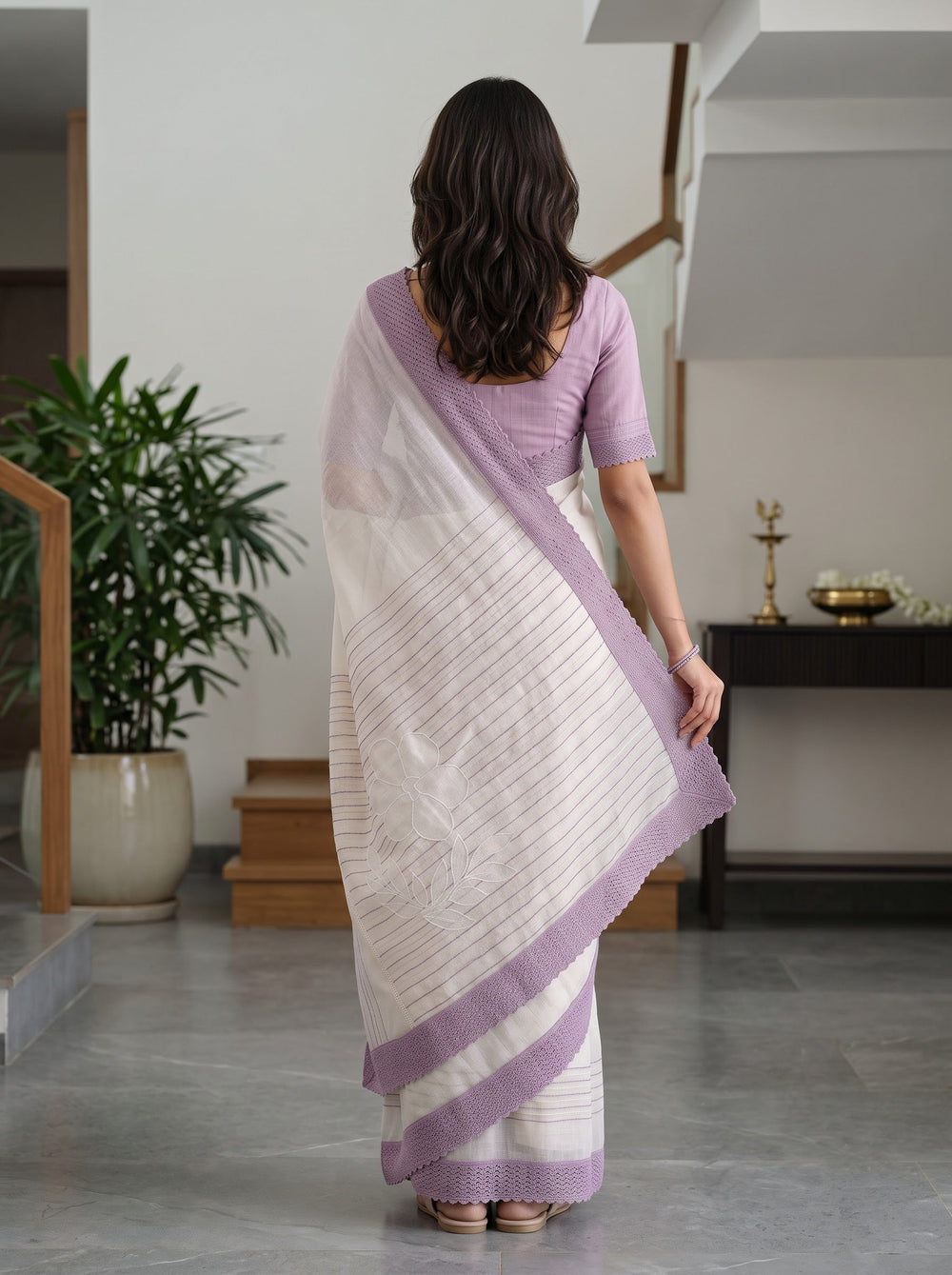 Net Kota Off White Saree with Lavander Striped Pattern and Floral Motif Pallu with Textured Lavander Border