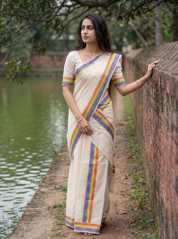 A woman wearing a cream-colored cotton saree with colorful rainbow-striped borders stands outdoors beside a brick wall and a pond.