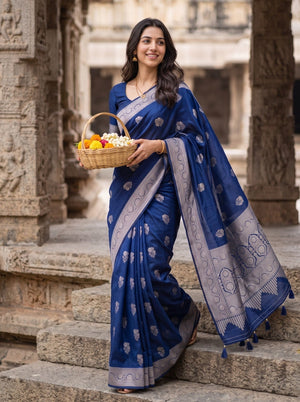 Banarasi Navy Blue Zari Floral Arch Pallu Saree