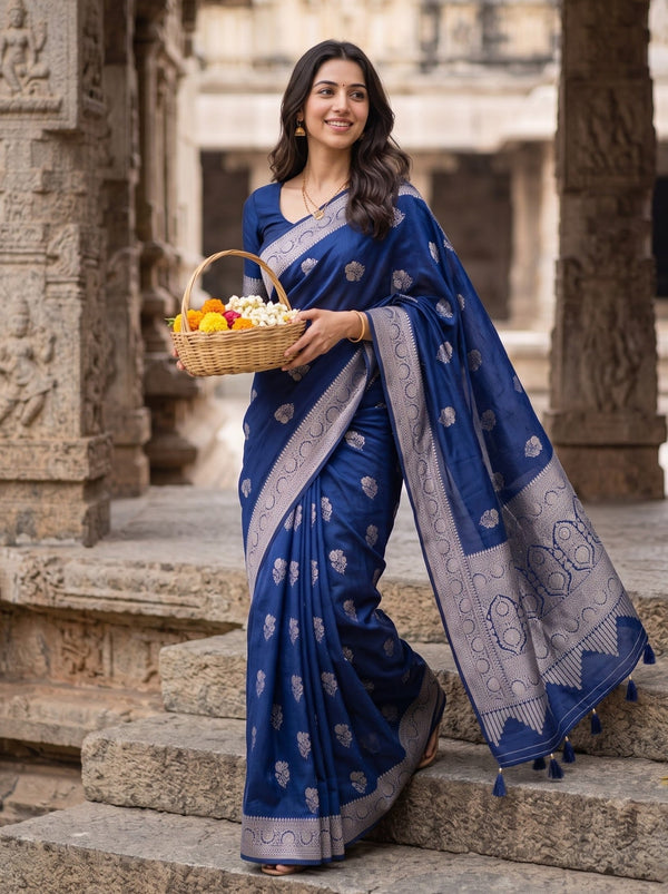 Banarasi Navy Blue Zari Floral Arch Pallu Saree